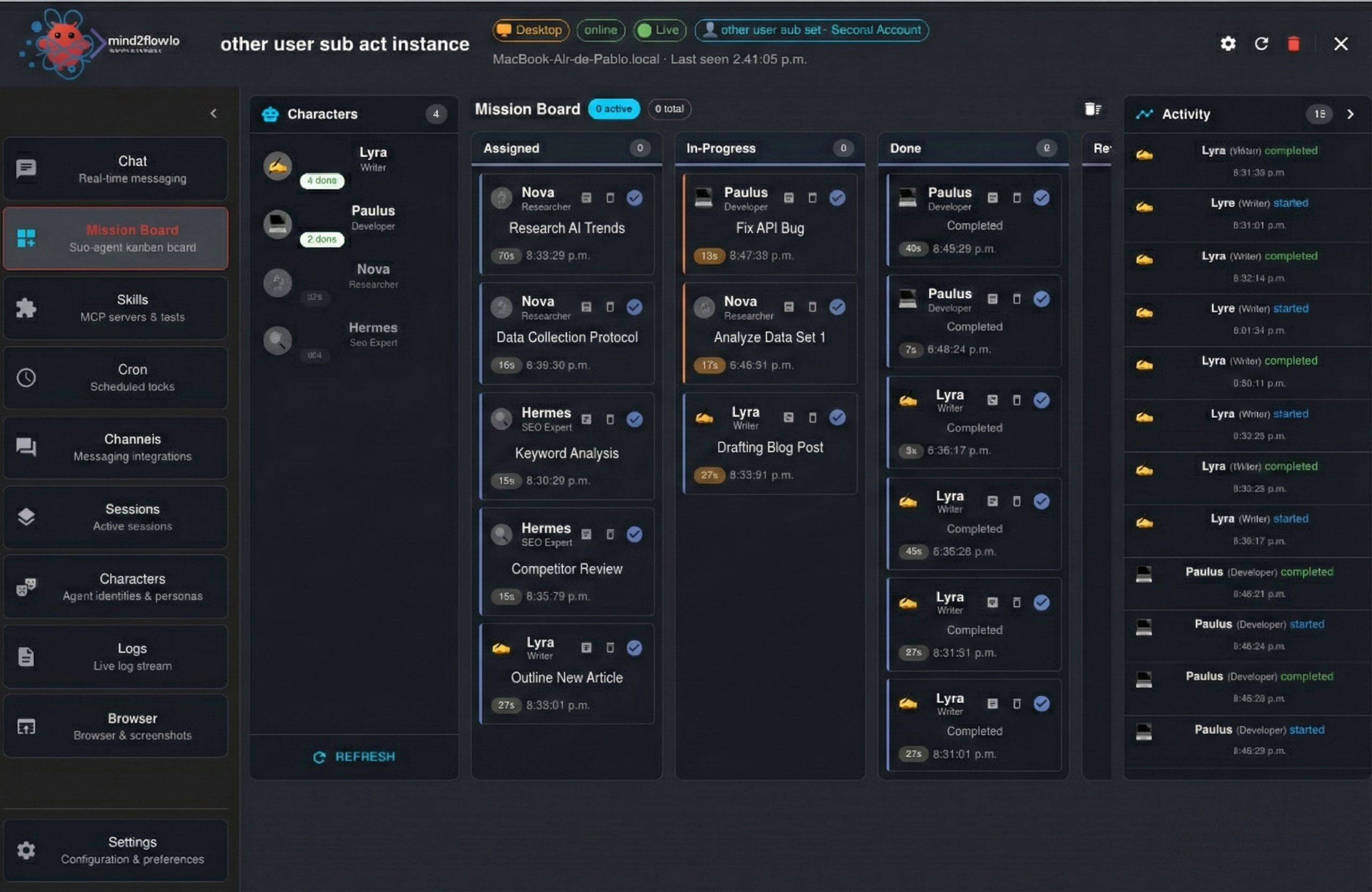 Mind2Flow Command Center — Mission Board kanban